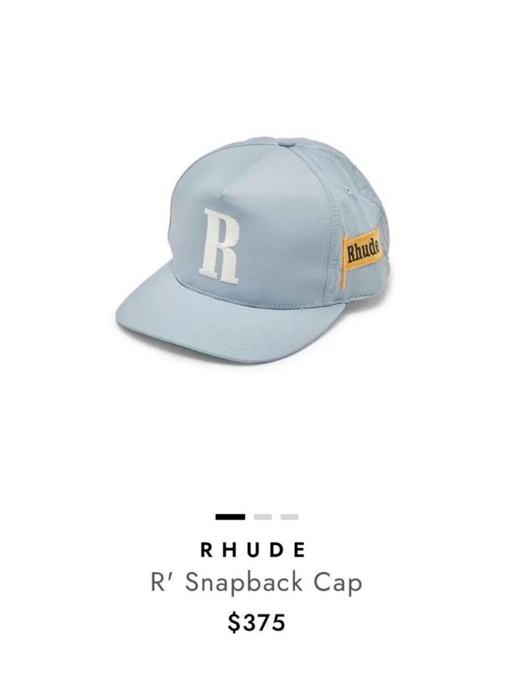 Rhude Pale Blue Snapback Cap with White 'R' and Yellow Patch